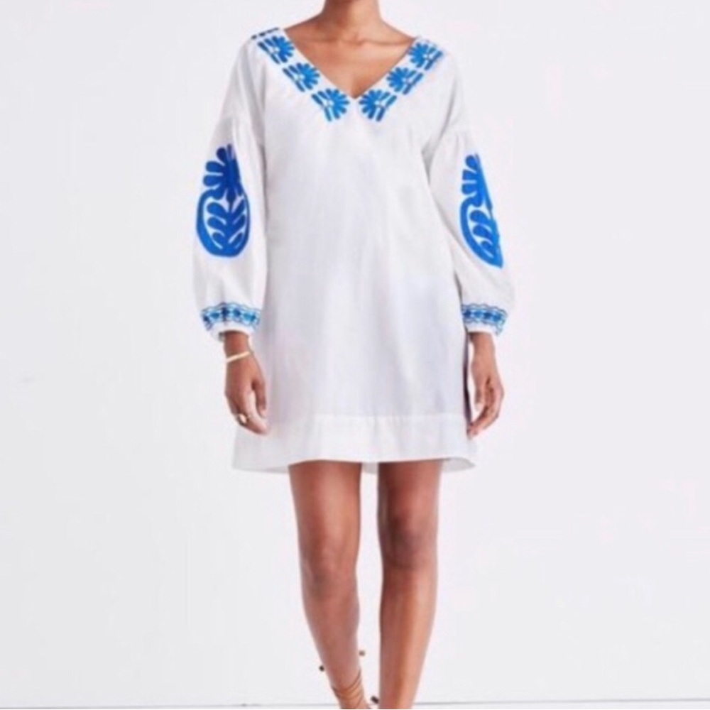 Madewell size small tunic dress, White with cobalt blue embroidery.